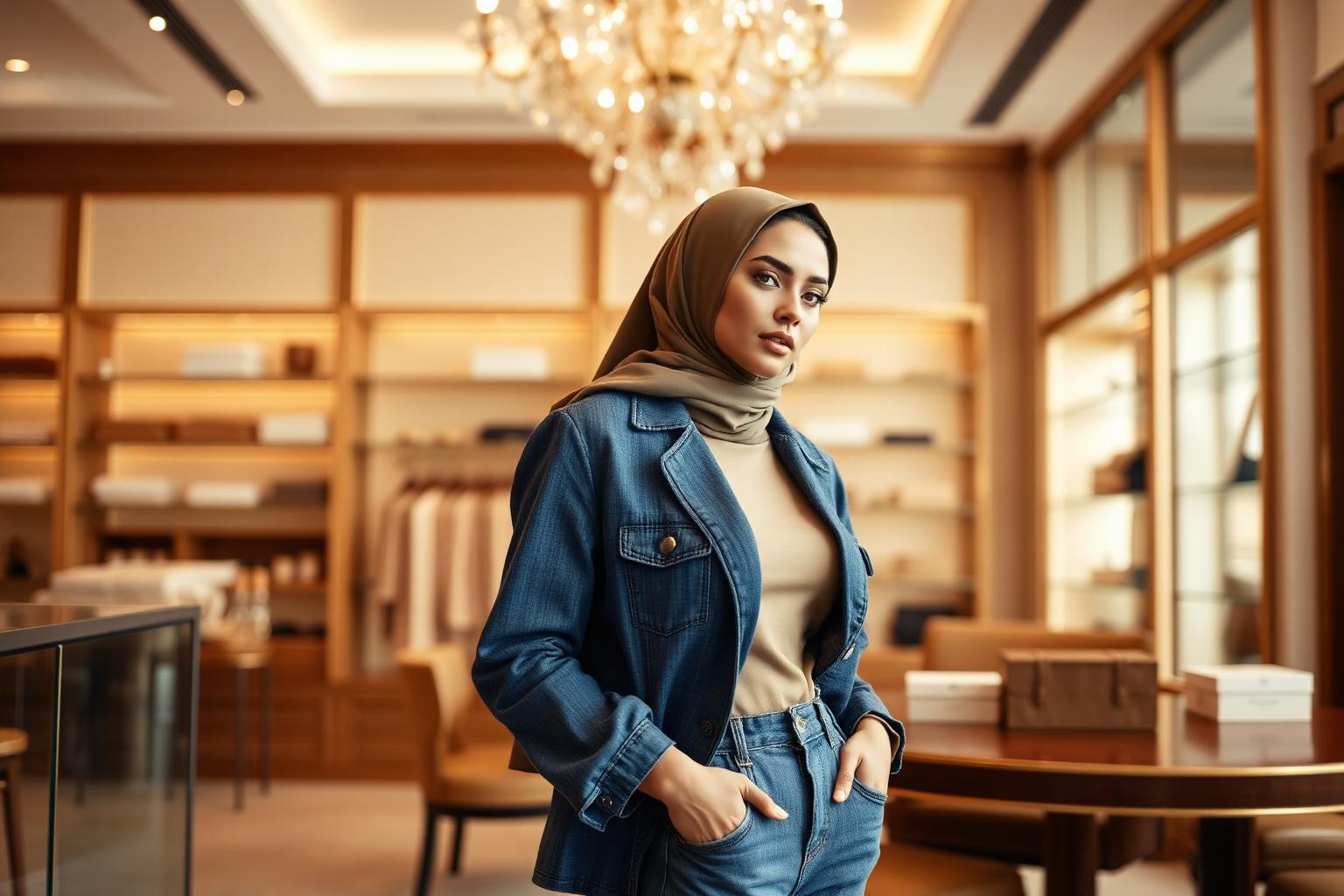 Premium fashion editorial model in refined modest denim in an upscale Dubai boutique