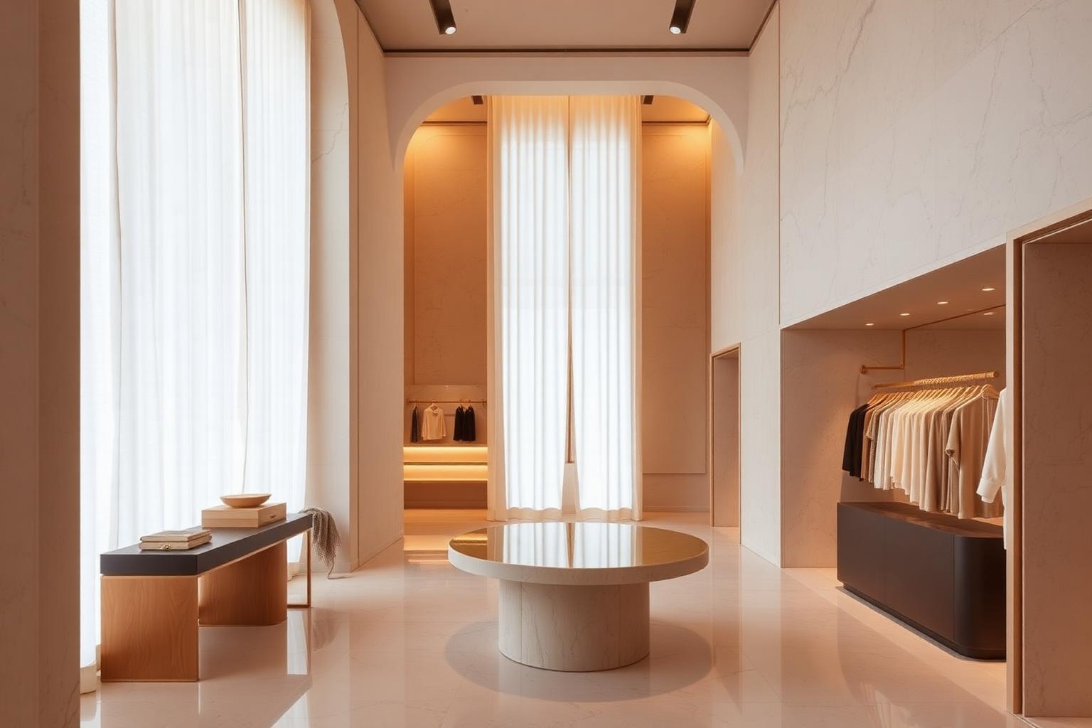 Luxury fashion boutique interior with warm beige architecture