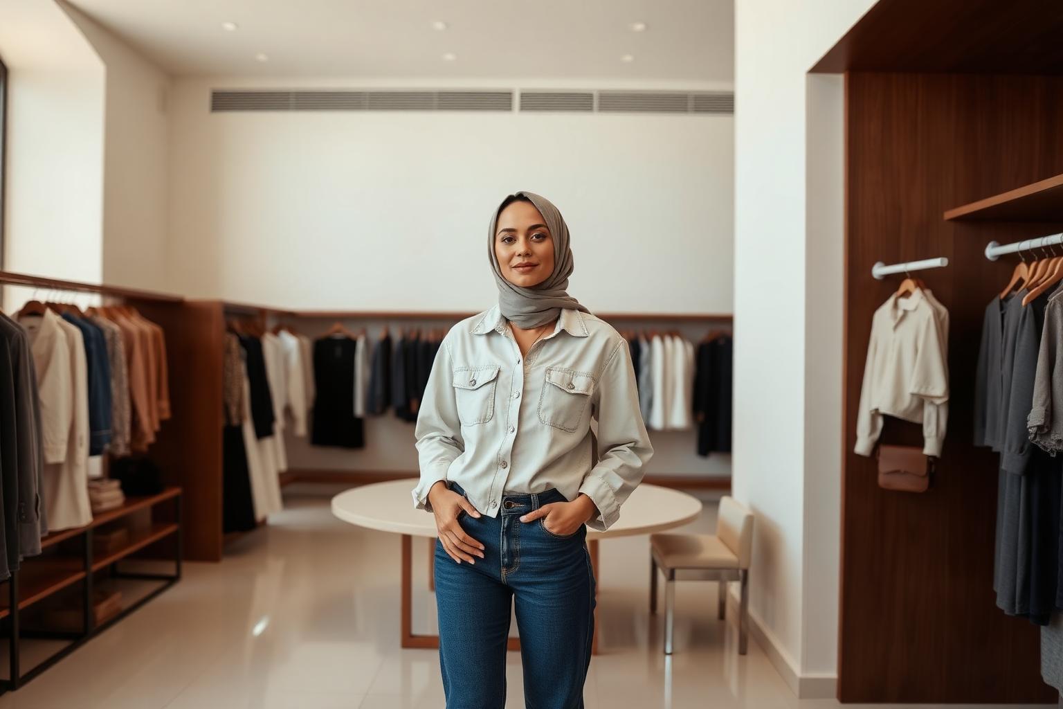 Women in premium modest denim looks in an elegant neutral boutique