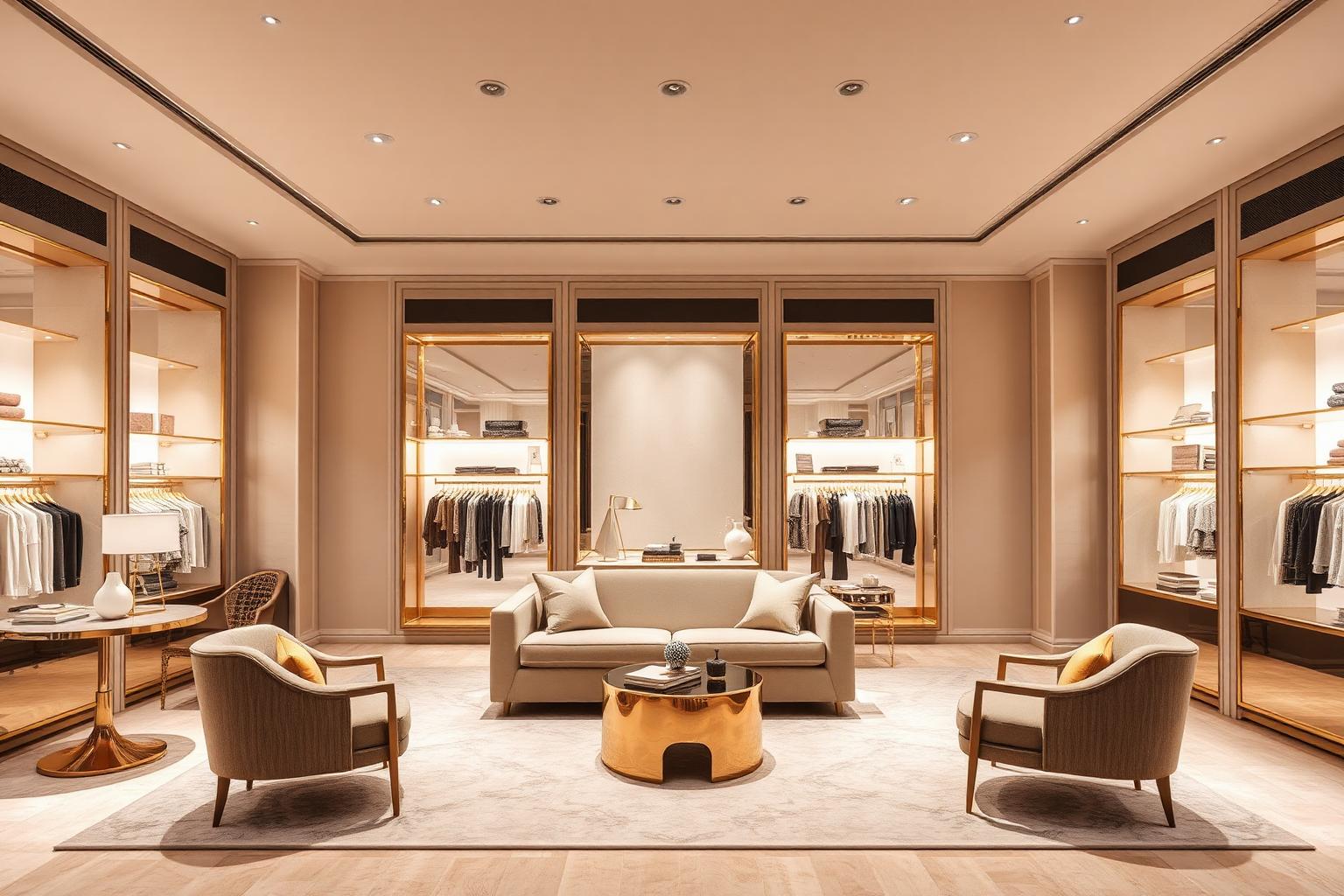 Elegant luxury boutique interior in warm ivory and sand tones