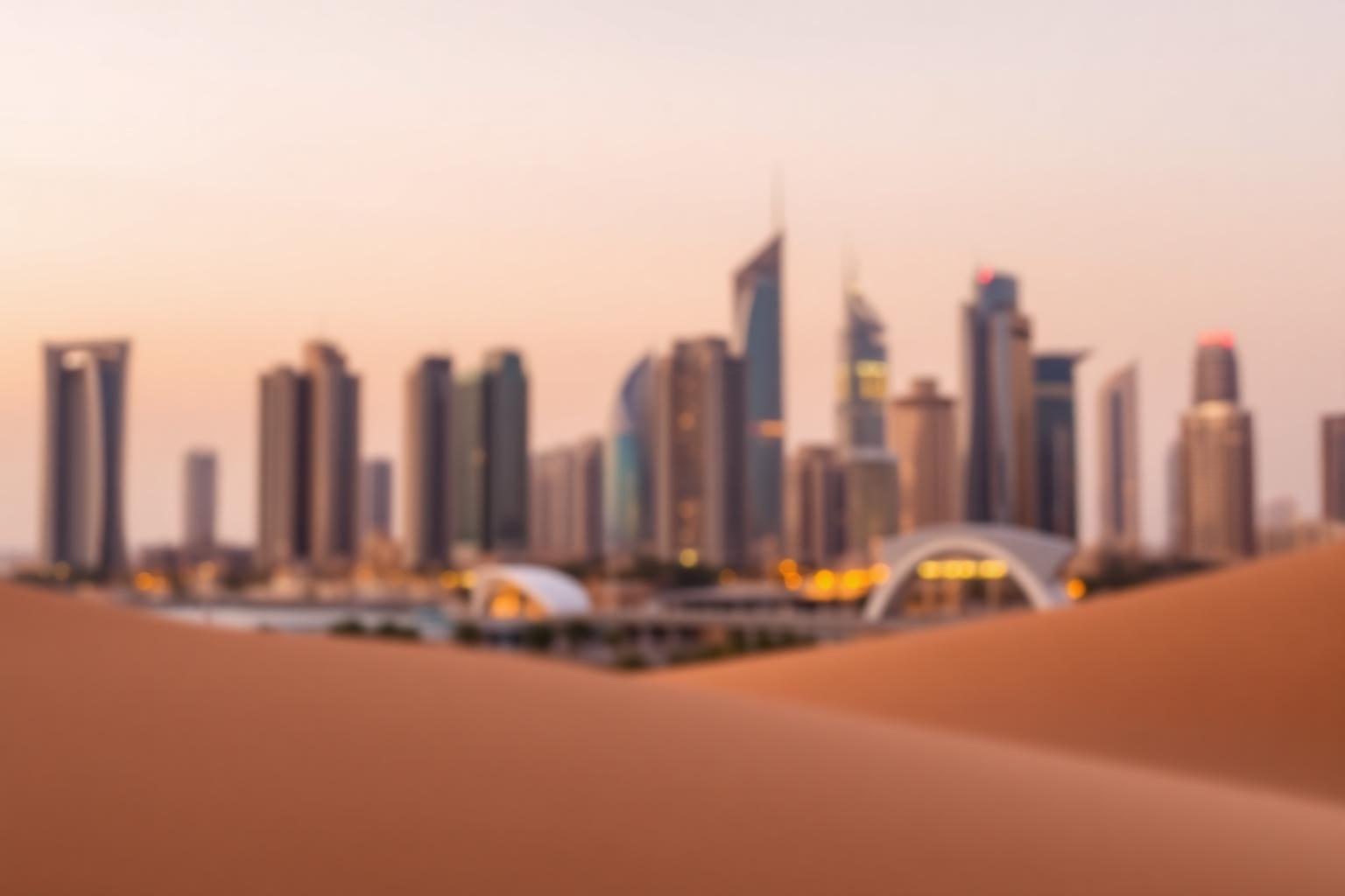 Soft blurred Dubai skyline at dusk in warm neutral tones