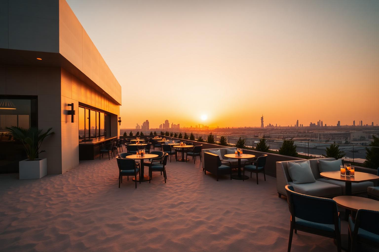 Luxury Dubai rooftop terrace at golden hour