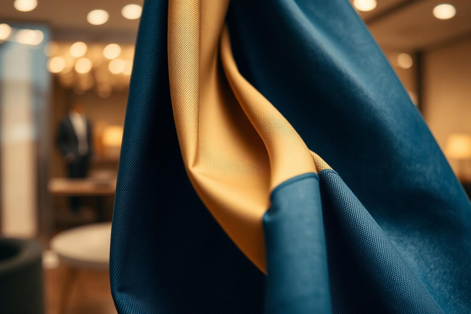 Cinematic close-up of premium denim fabric with gold tones