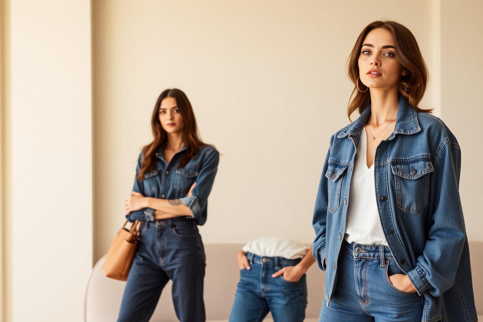 Elegant women in denim styling in a minimalist luxury lounge
