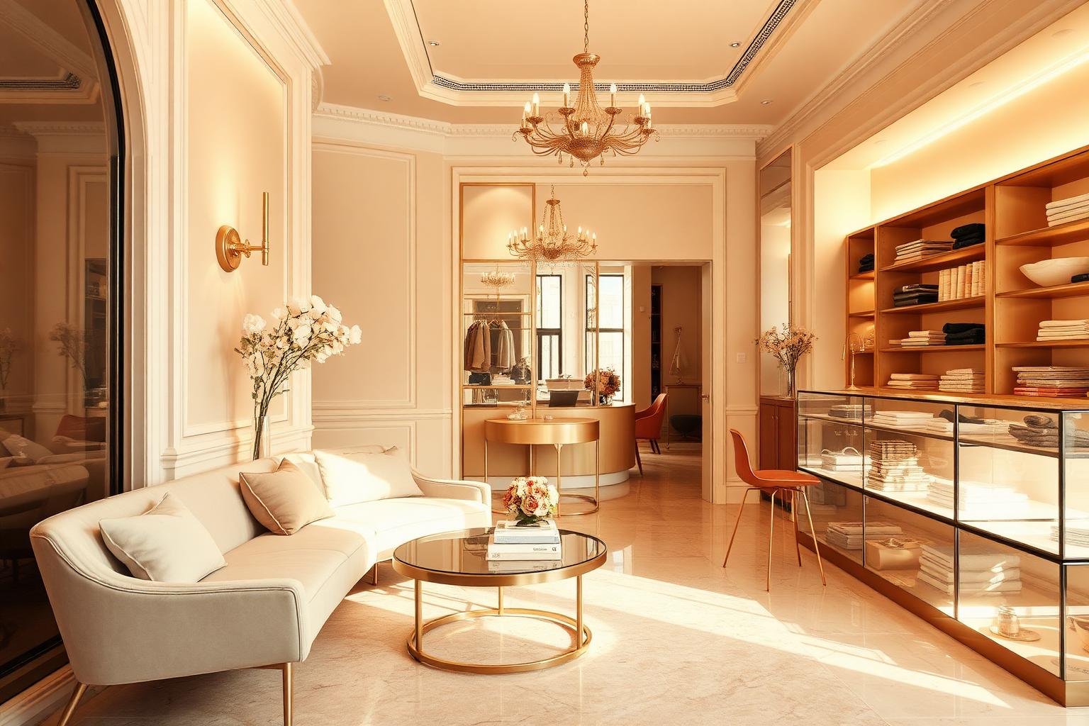 Luxury feminine lifestyle boutique setting in soft gold and sand tones